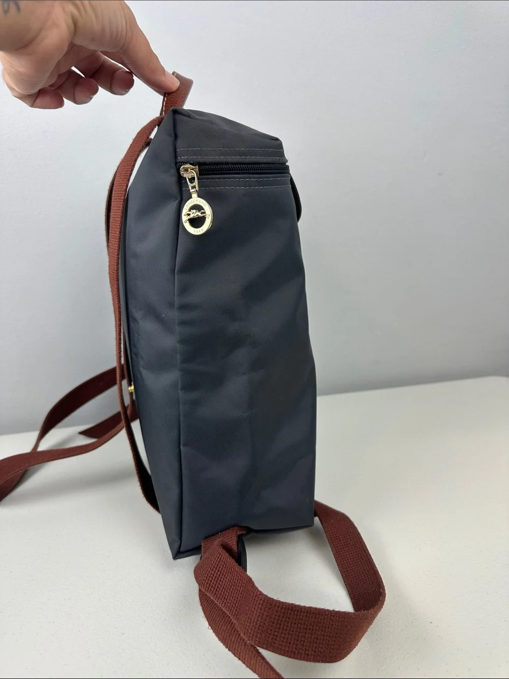 Longchamp Le Pliage Large Nylon Backpack in Storm Grey/Brown